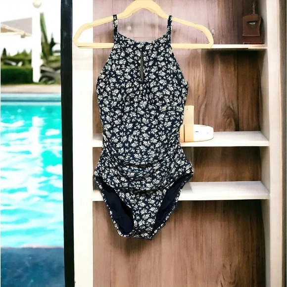 Navy Blue ROSEZUZU Floral One Piece Swimsuit Size Medium - Picture 1 of 8